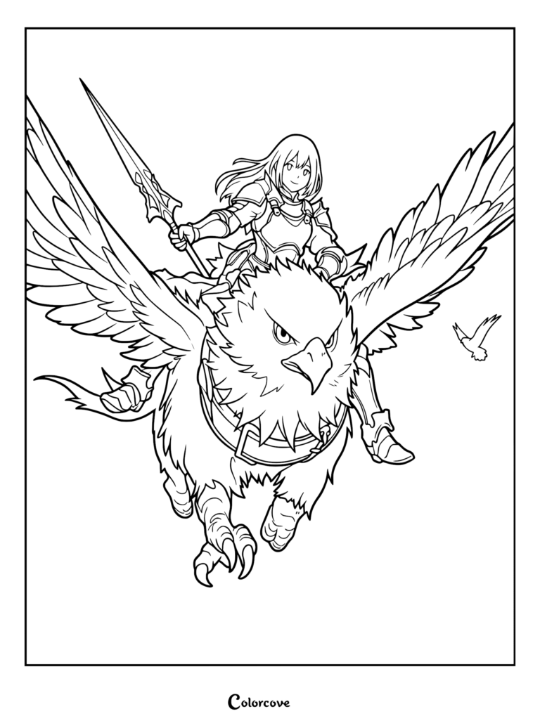 A knight in armor holding a spear while riding a flying griffin in this detailed coloring page.