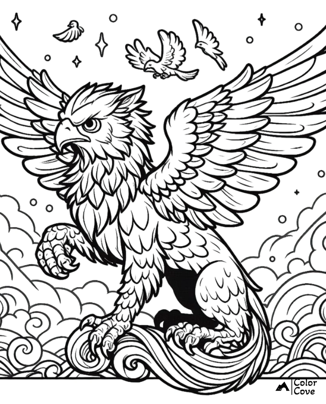 Fantasy griffin coloring page with wings spread, perched among clouds and surrounded by birds.