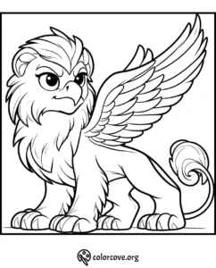 Coloring page of a majestic griffin with large wings and a lion's body, perfect for kids' creativity and imagination.