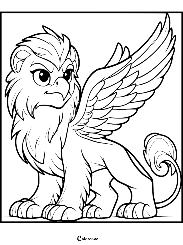 A majestic griffin with large feathered wings and a lion tail standing in a proud pose on this printable coloring page.