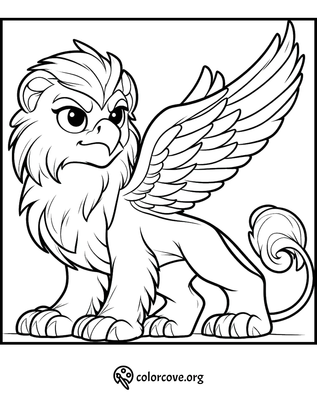 Coloring page of a majestic griffin with large wings and a lion's body, perfect for kids' creativity and imagination.