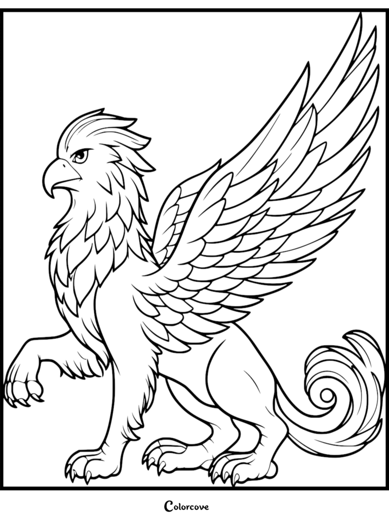 A printable Griffin coloring page featuring a majestic creature with eagle wings and a lion body standing in profile.
