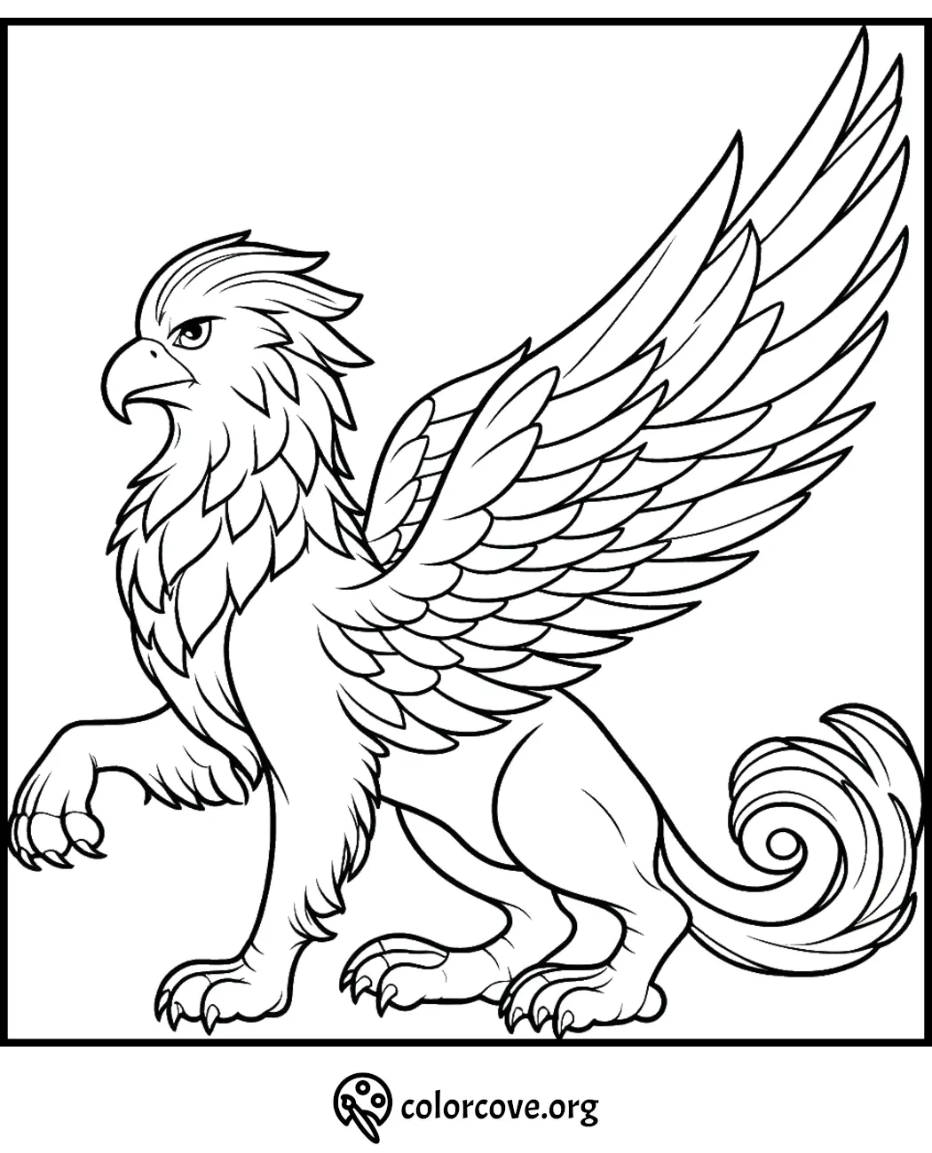 Griffin Coloring Page - Mythical Creature with Wings and Lion Body - Printable Fantasy Art for Kids and Adults.