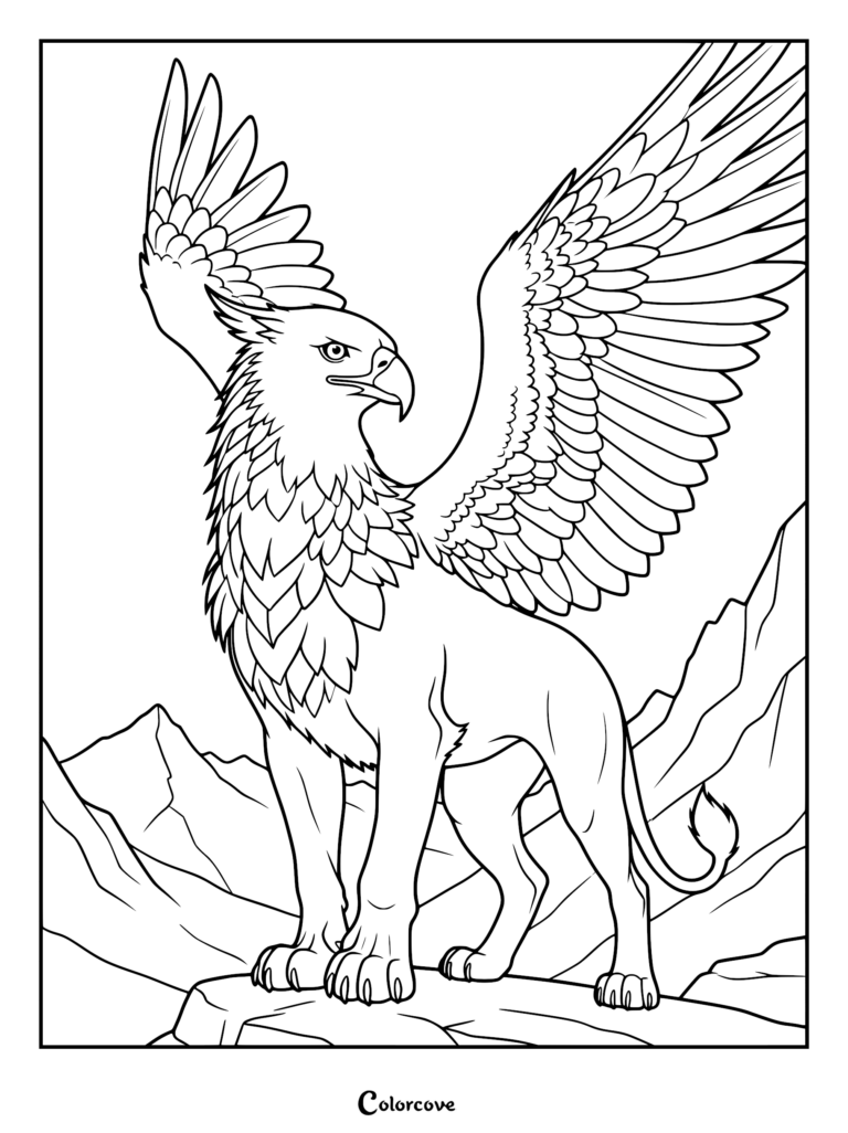 A detailed coloring page featuring a majestic griffin with large feathered wings standing proudly on a rocky mountain peak.