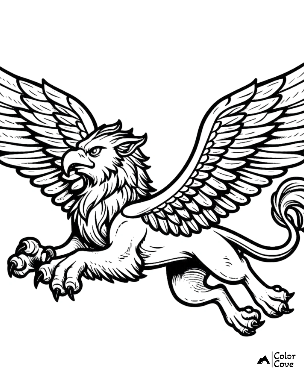 Coloring page featuring a detailed griffin with wings and claws outstretched, perfect for kids and adults to color.