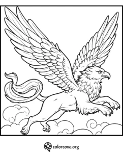 Griffin coloring page featuring a majestic mythical creature with wings outstretched, soaring above clouds. Download at colorcove.org.