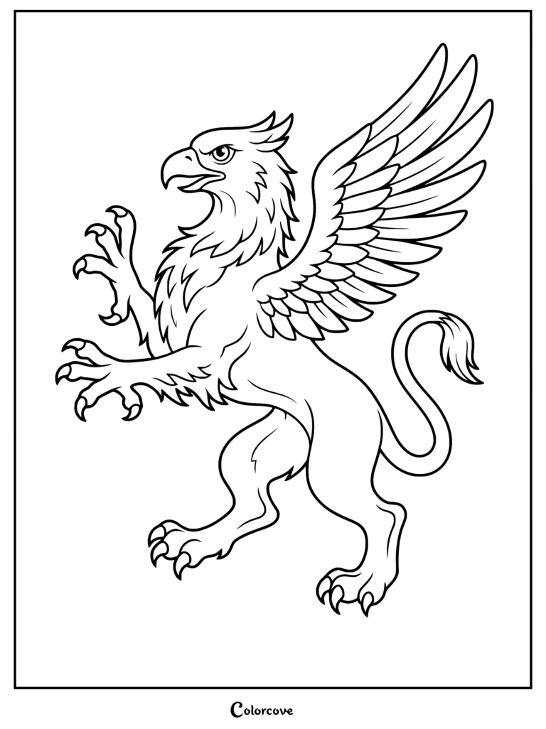 A black and white line art coloring page of a majestic griffin standing on its hind legs with wings spread wide and sharp talons extended.