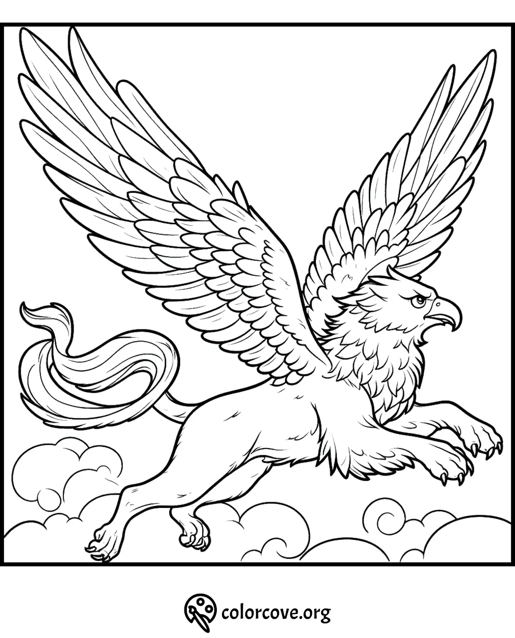 Griffin coloring page featuring a majestic mythical creature with wings outstretched, soaring above clouds. Download at colorcove.org.