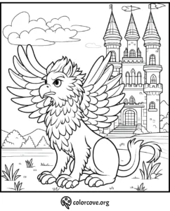 Griffin coloring page with a majestic castle in the background and detailed wings and fur for kids to color.