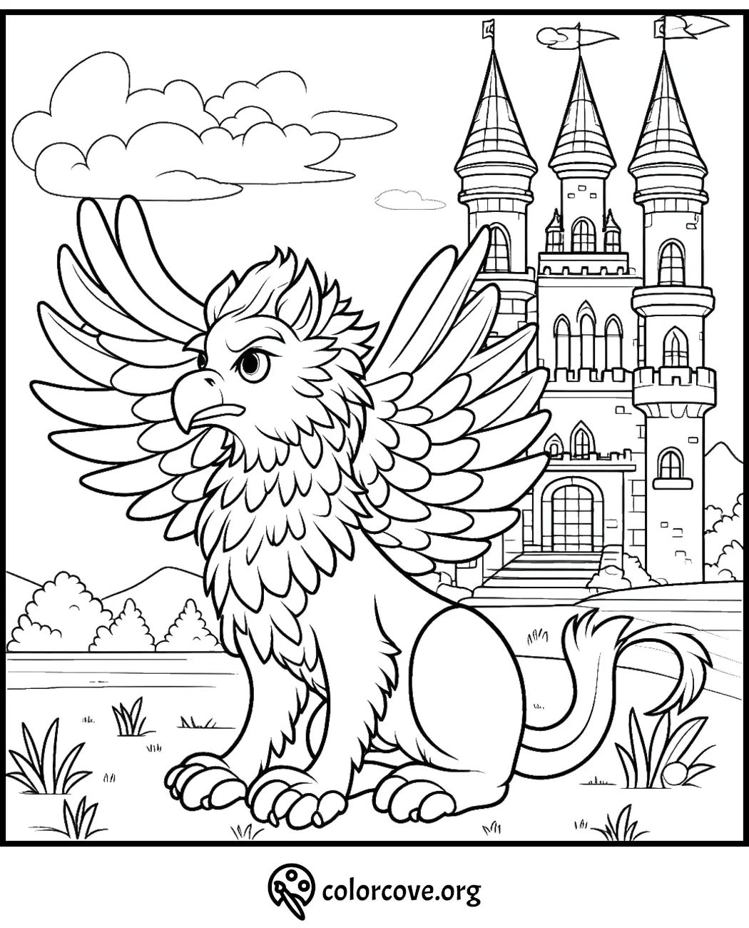 Griffin coloring page with a majestic castle in the background and detailed wings and fur for kids to color.