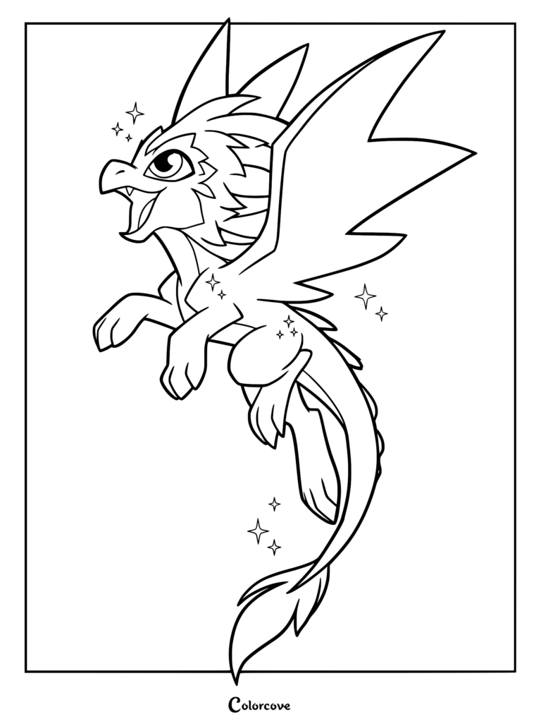 A cute baby griffin flying with sparkling stars in this line art coloring page.