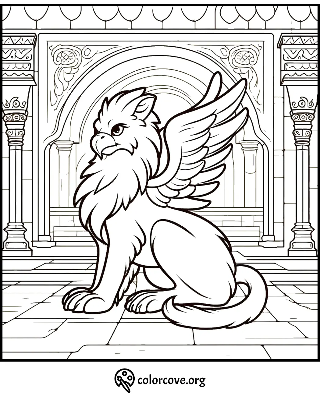 Griffin coloring page for kids featuring a majestic winged creature in an ancient architectural setting. ColorCove.org.