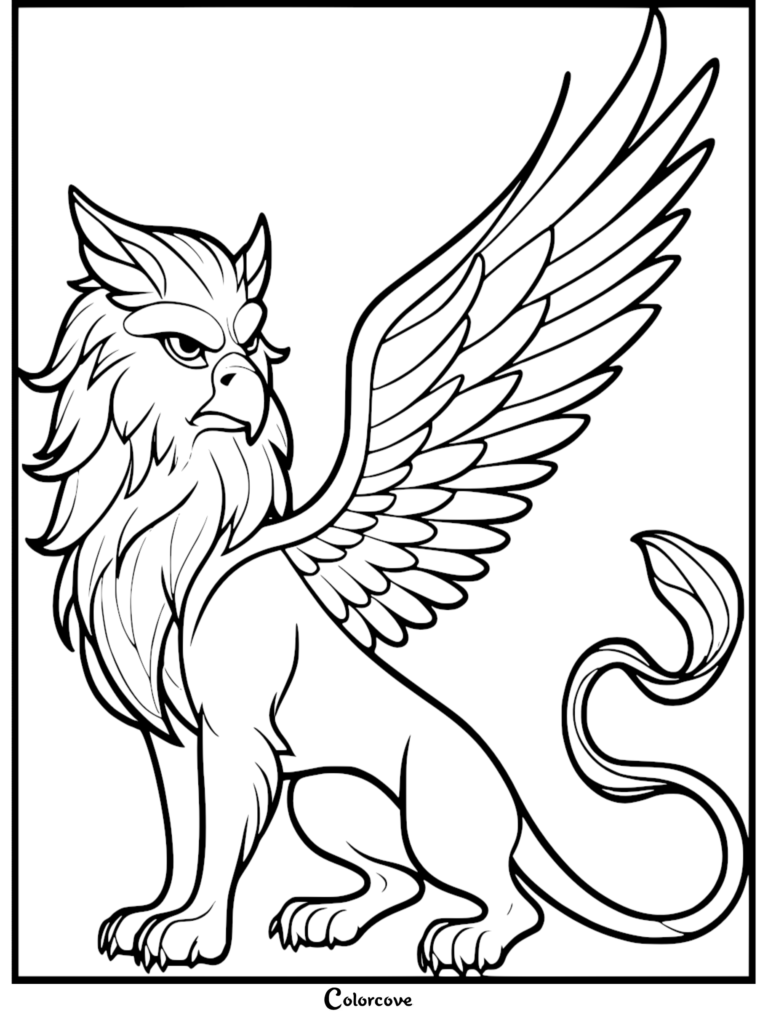 A majestic griffin with large feathered wings and a lion tail standing in a proud pose on this printable coloring page.