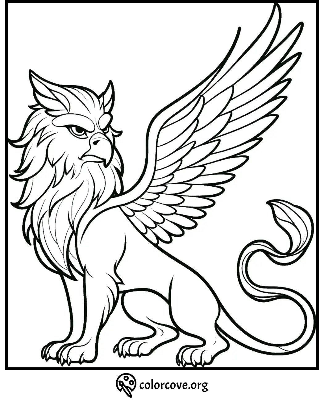 Griffin coloring page featuring a mythical creature with the body of a lion, wings, and an eagle-like head.