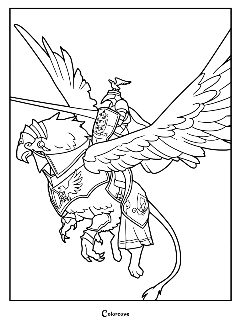 A knight in full plate armor with a bird crest helmet riding a majestic armored griffin in this detailed coloring page.