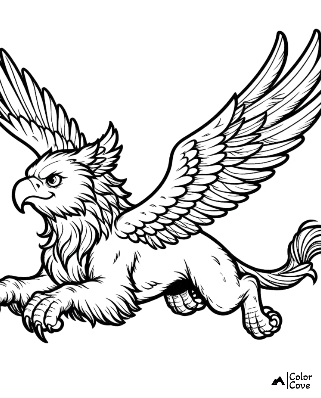 Griffin coloring page for kids and adults with detailed wings and lion's body, ready to print and color.