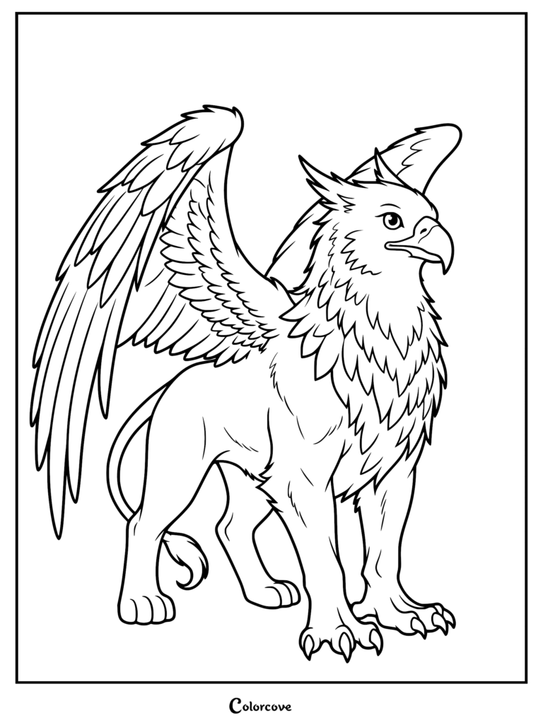 A line art coloring page of a majestic griffin with large feathered wings and a lion body standing alert.