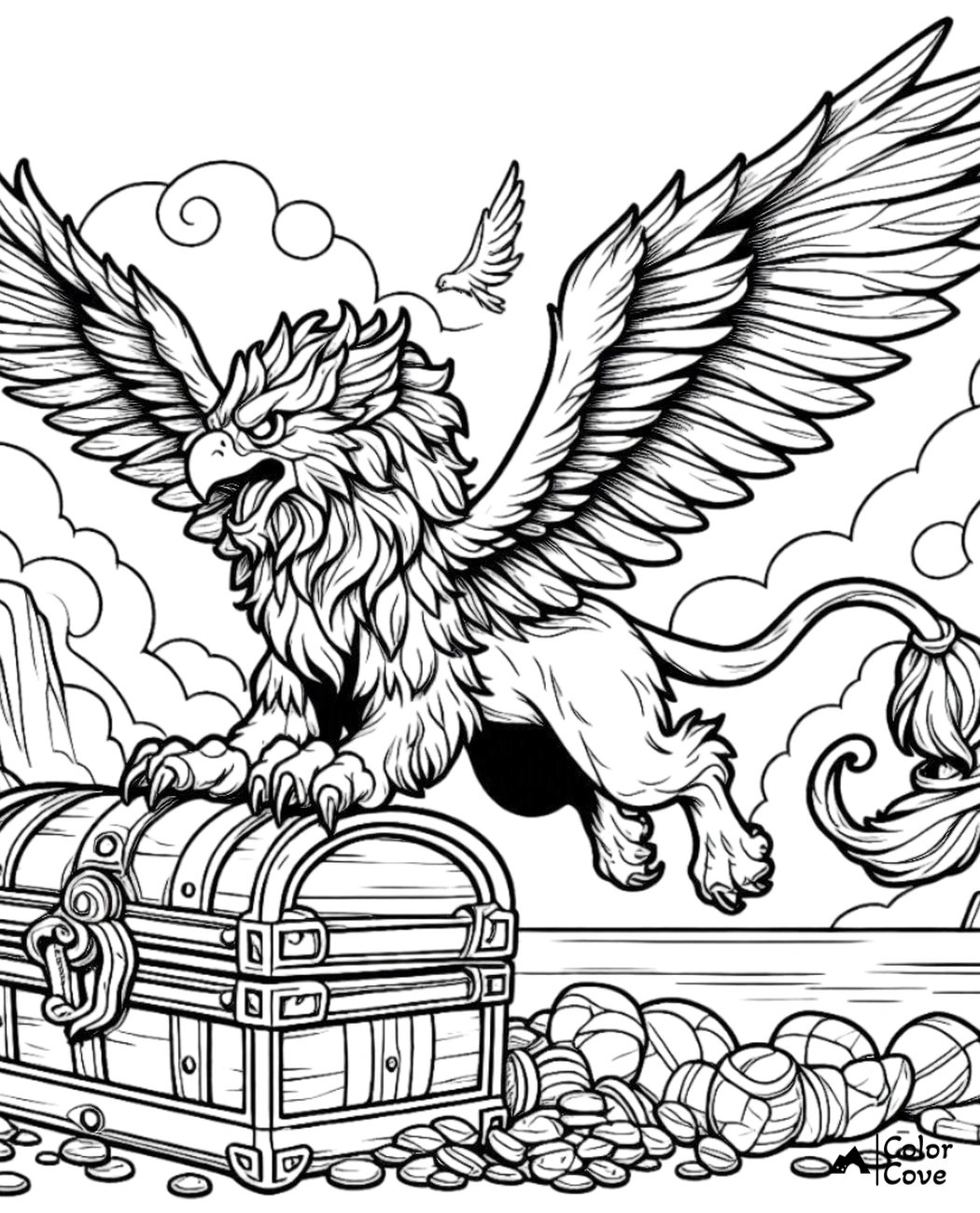 Coloring page featuring a majestic griffin standing over a treasure chest with scattered coins and a scenic background.