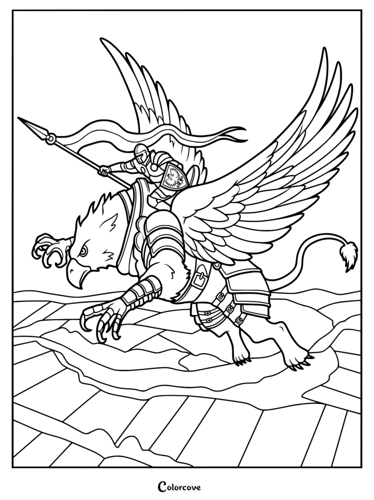 A coloring page featuring an armored knight holding a spear while riding a majestic armored griffin in flight.