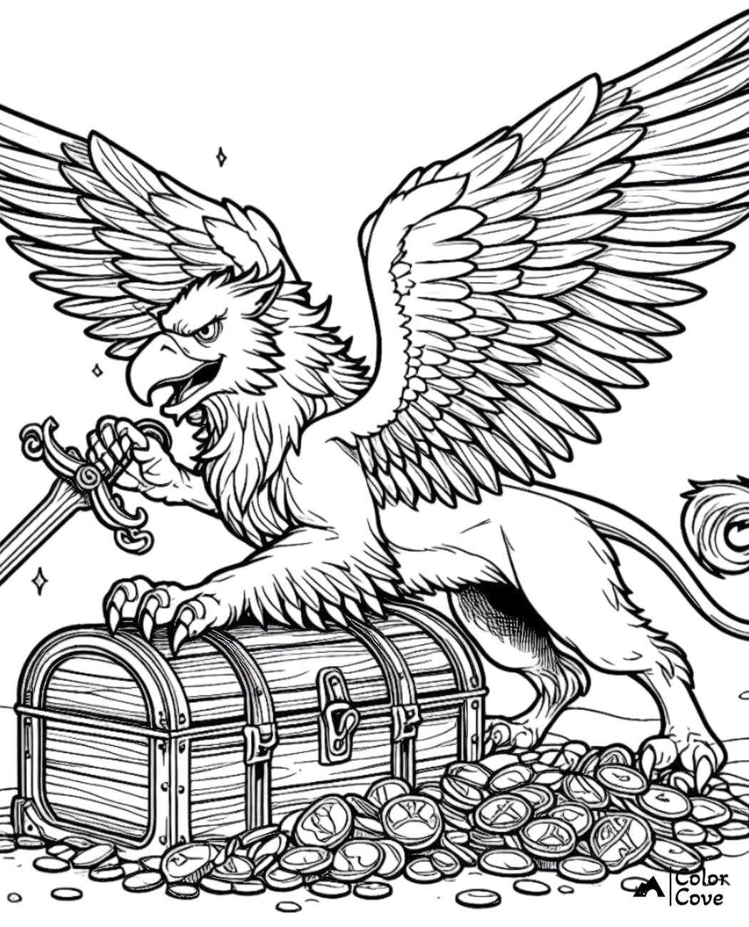 Mythical griffin guarding a treasure chest with coins, holding a sword in its claws. Coloring page adventure scene.