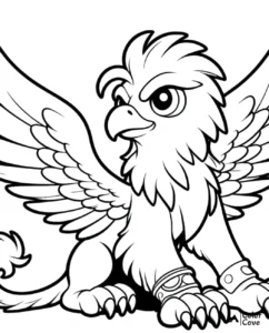 Gryphon coloring page for kids, featuring a detailed mythical creature with wings and a lion's body, ready to be colored.