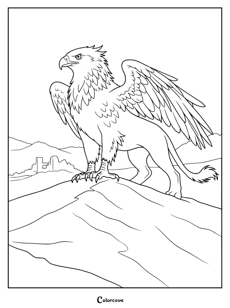 A majestic griffin with eagle head and lion body standing on a rocky mountain peak in this printable coloring page.