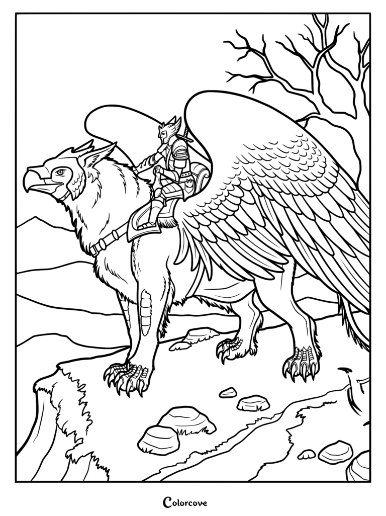 A knight in full armor riding a majestic griffin on a cliffside in this printable coloring page.