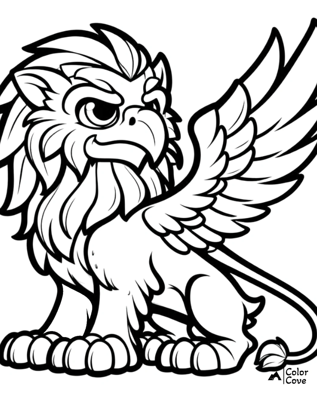 Griffin coloring page for kids, a mythological creature with lion body and eagle head, drawing ready to be colored.