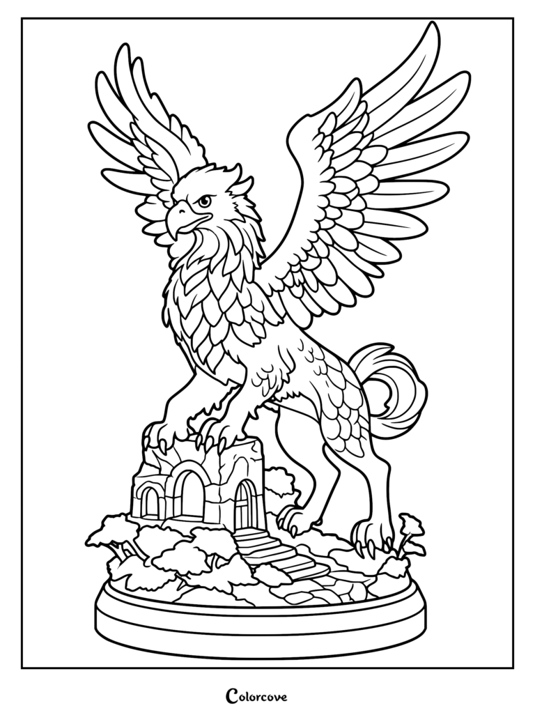 A majestic griffin with large wings spread wide standing atop stone ruins in this detailed coloring page.
