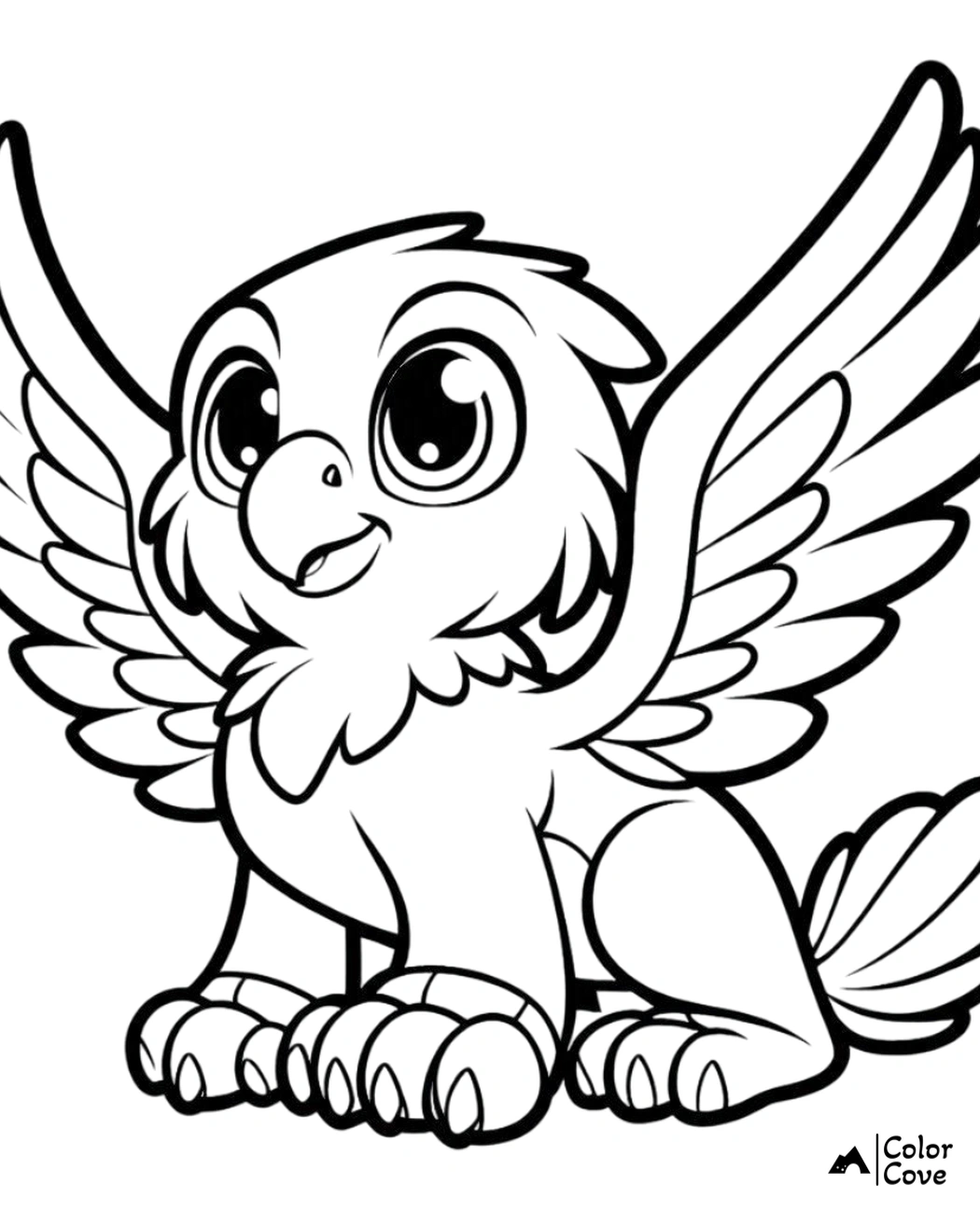 Cute griffin coloring page for kids featuring a happy and smiling mythical creature with wings and a beak.