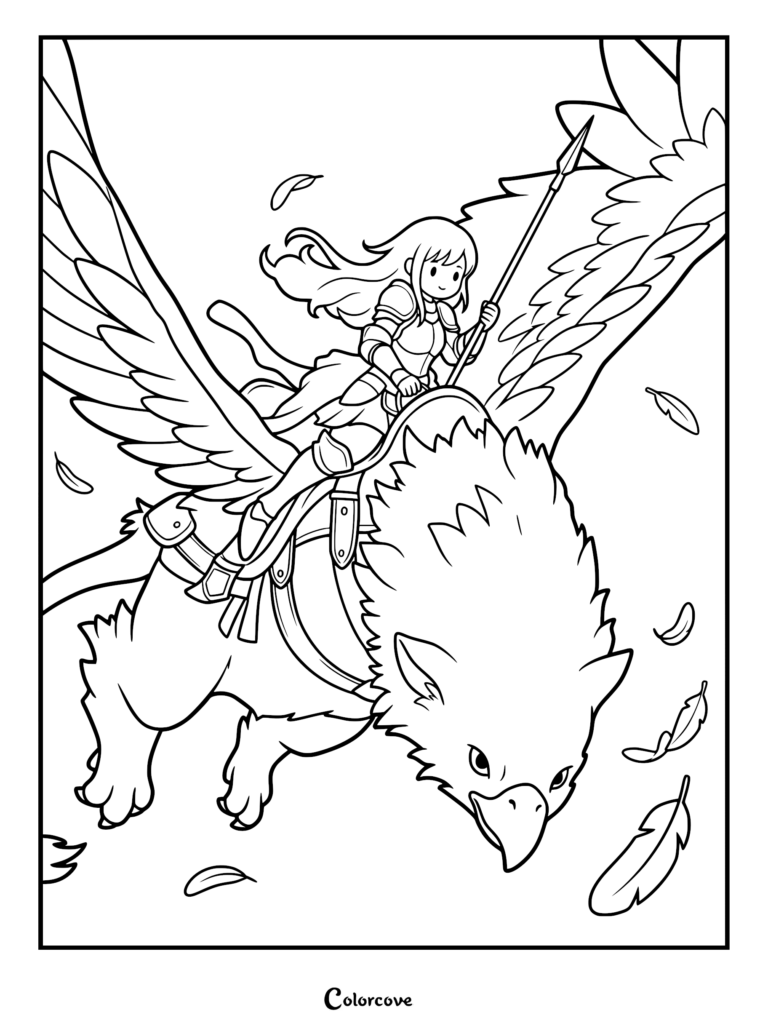 A knight in armor holding a spear while riding a flying griffin in this coloring page.