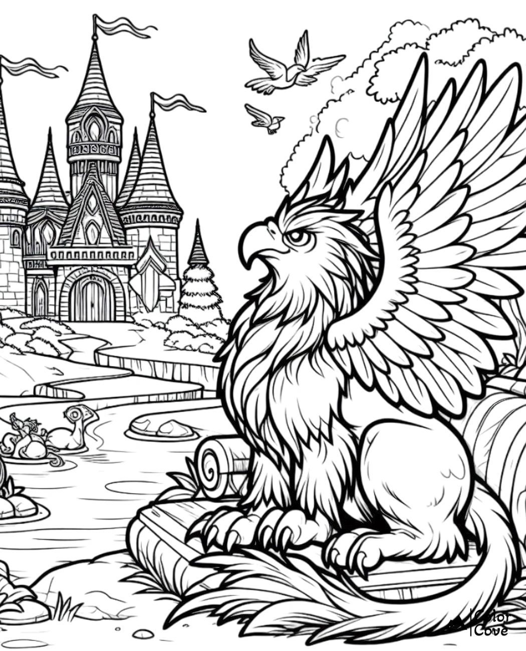 Coloring page of a majestic griffin near a enchanted castle with flying birds and a serene river.