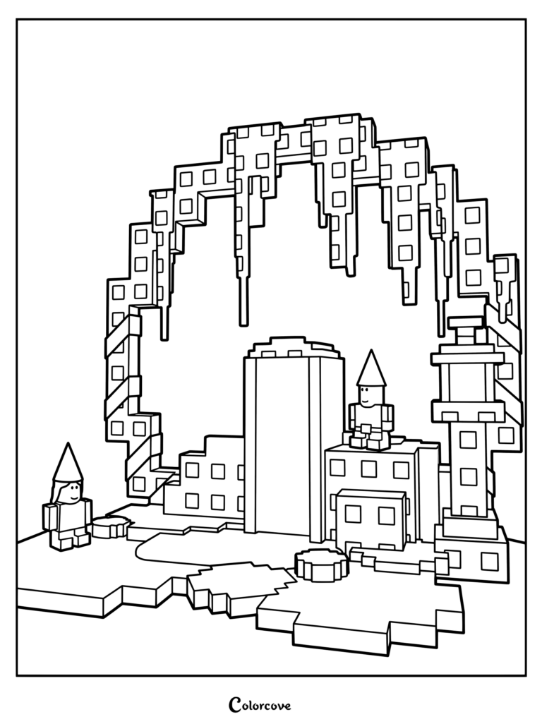Coloriage Grow a Garden présentant une arche circulaire, un bassin bleu central et un petit sanctuaire illuminé
