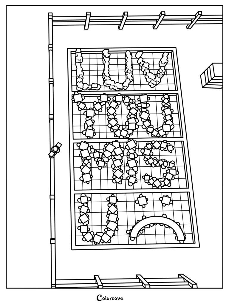 Coloriage vue du ciel d'un jardin « Luv you » avec des parcelles disposées pour former des lettres