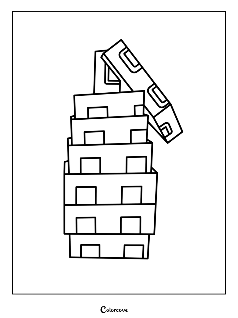 Coloriage de Mangue présentant des blocs rectangulaires empilés avec des fenêtres et un sommet incliné.