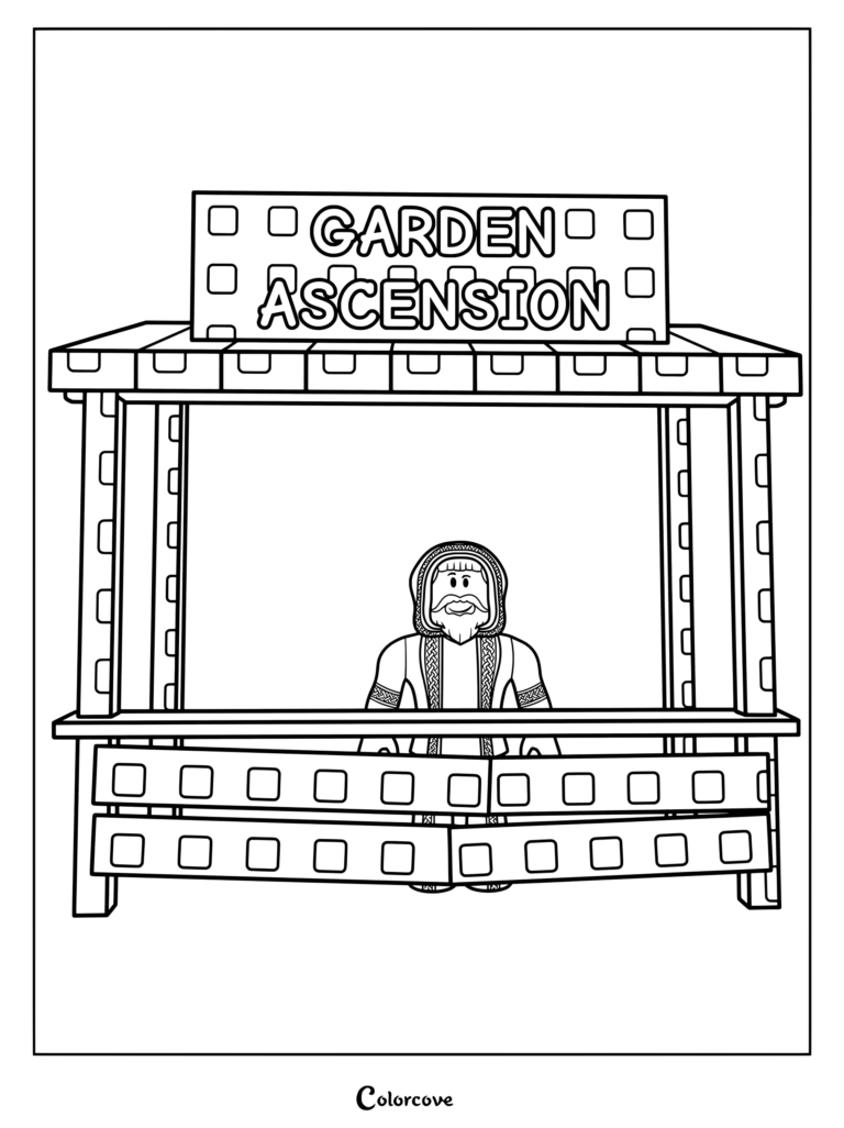 Coloriage d'Orson le Gardien des pièces montrant un personnage derrière un stand avec un panneau Ascension du Jardin