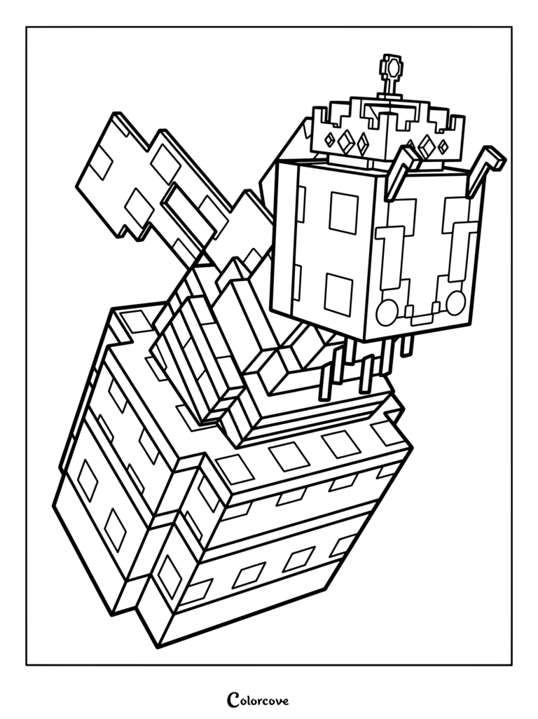 Coloriage détaillé de la Reine Abeille présentant un design pixel art blocky et une couronne majestueuse