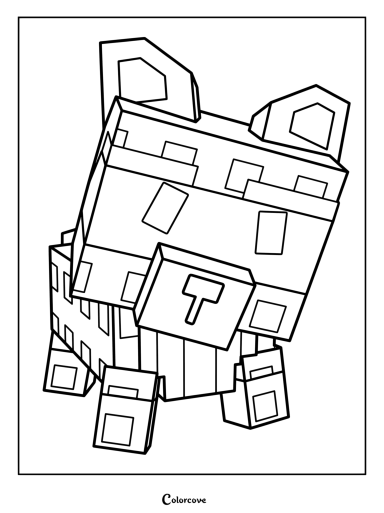 Coloriage de raton laveur au style blocky présentant des formes pixélisées et des lignes géométriques.