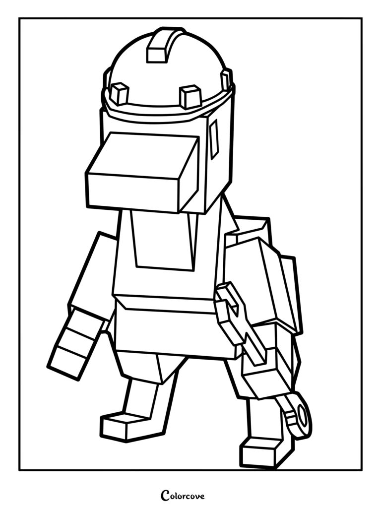 Coloriage de Barry, PNJ vendeur d'améliorations dans le monde principal de l'Événement Préhistorique, sous la forme d'un personnage cubique portant un casque de chantier