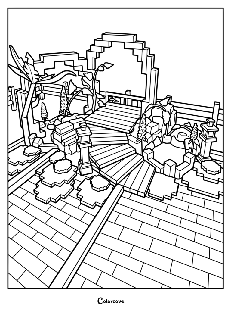 Coloriage d'un jardin de printemps avec une arche en pierre cubique, des allées en bois et des plantes en fleurs.