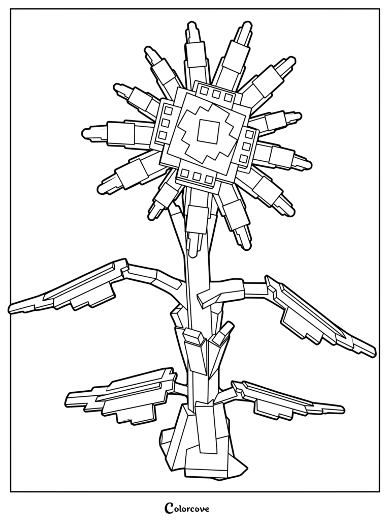Coloriage de tournesol géométrique blocky présentant un cœur de fleur pixélisé et des feuilles angulaires.