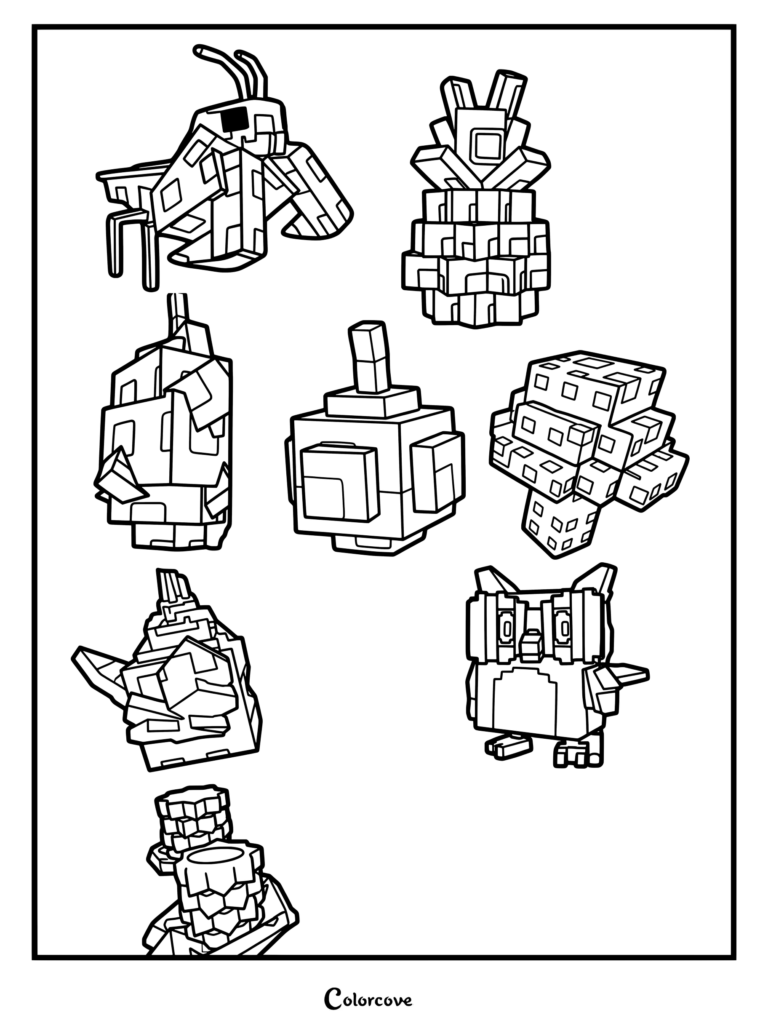 Coloriage Grow a Garden présentant un personnage de chouette violette et divers fruits blocky comme un ananas et une plante violette épineuse