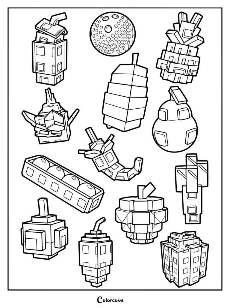 Un coloriage à imprimer présentant une collection de divers fruits et légumes comme de l'ananas, du fruit du dragon et des piments