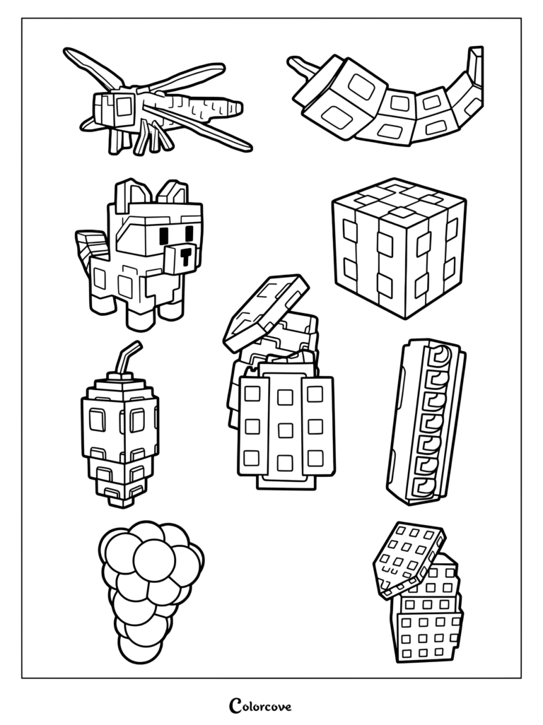 Coloriage Grow a Garden présentant diverses cultures et animaux du jeu, comme un raton laveur et un fruit du dragon au style voxel