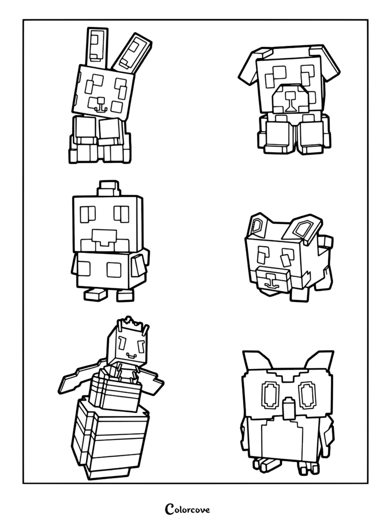 Ces figurines d'animaux blocky sont des animaux de compagnie du jeu Roblox Grow a Garden, page de coloriage