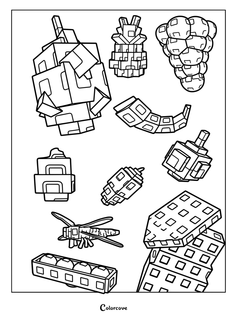 Ces dessins de fruits pixélisés proviennent du jeu Roblox Grow a Garden, page de coloriage présentant des fruits blocky et des insectes