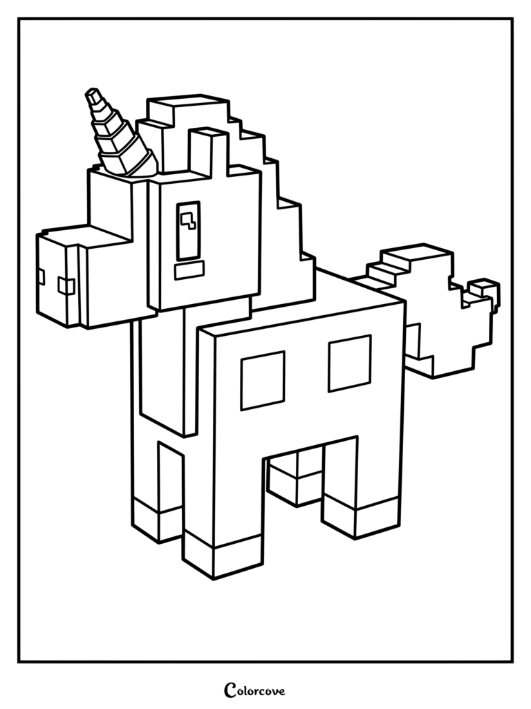 Coloriage de licorne pixélisée et blocky avec une corne empilée et une queue pixélisée