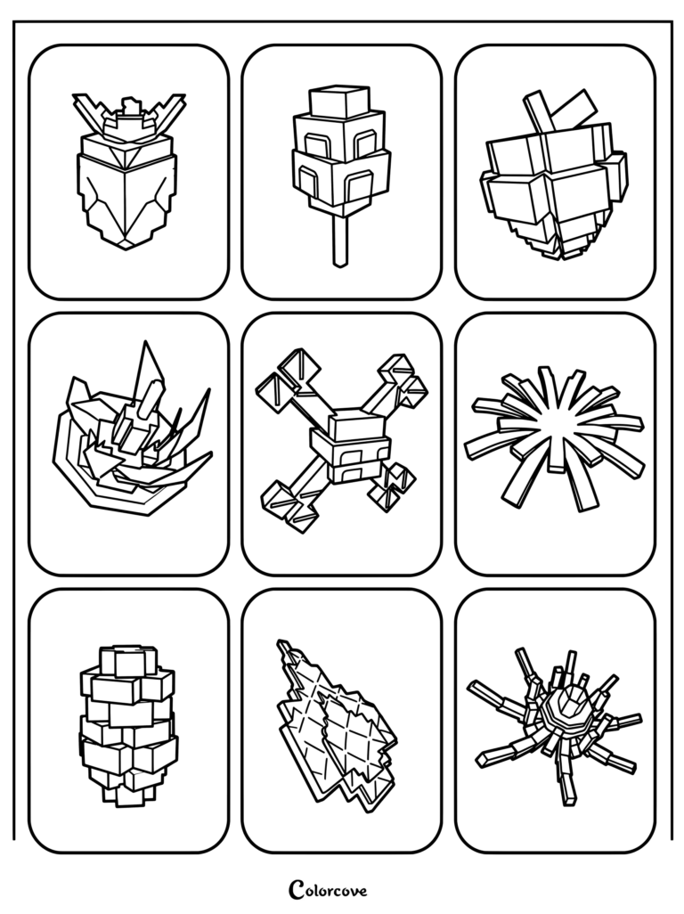 Coloriage à imprimer présentant des fruits et cultures voxel du jeu Roblox Grow a Garden dans une disposition en grille