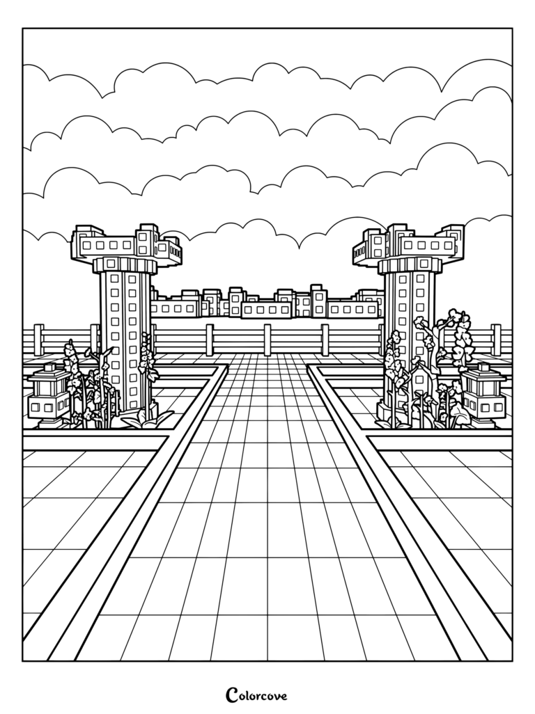 Coloriage d'un jardin de château avec de grands piliers architecturaux, une allée pavée et un paysage urbain au loin sous un ciel nuageux.