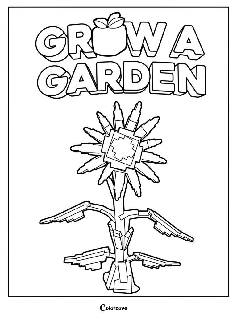 Un coloriage à imprimer présentant un tournesol GAG avec un en-tête de texte Grow a Garden.